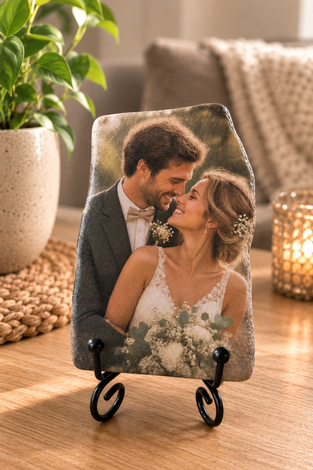 Herinneringssteen met trouwfoto van een bruidspaar